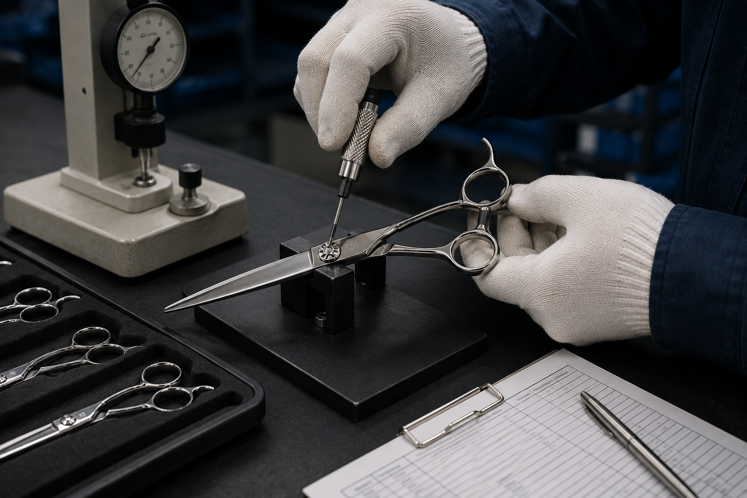 ISO 9001 quality checkpoint and pivot tensioning inspection for Mackay VG10 scissors