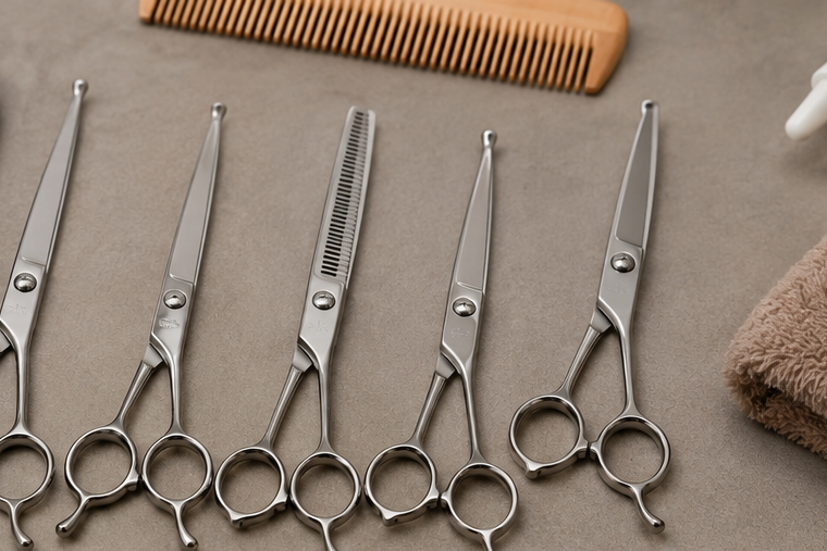 Curved safety grooming scissors build