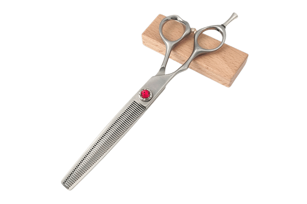 Flat pivot screw and laser engraving detail on custom blending shears