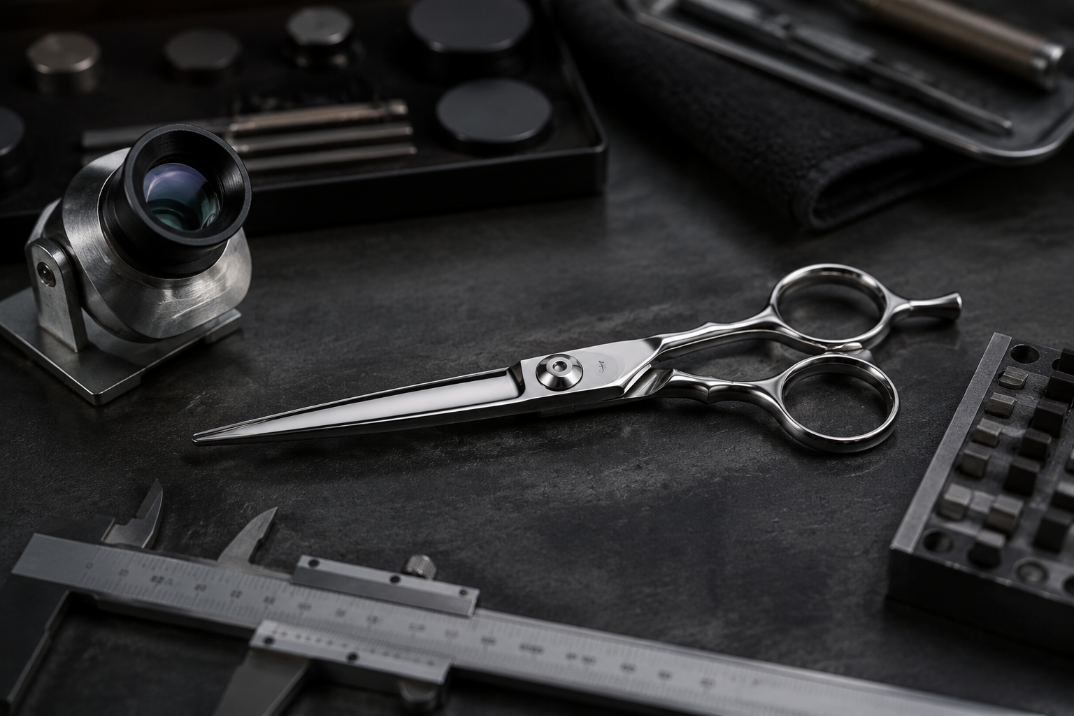 Master craftsman inspecting scissor steel hardness and bevel quality