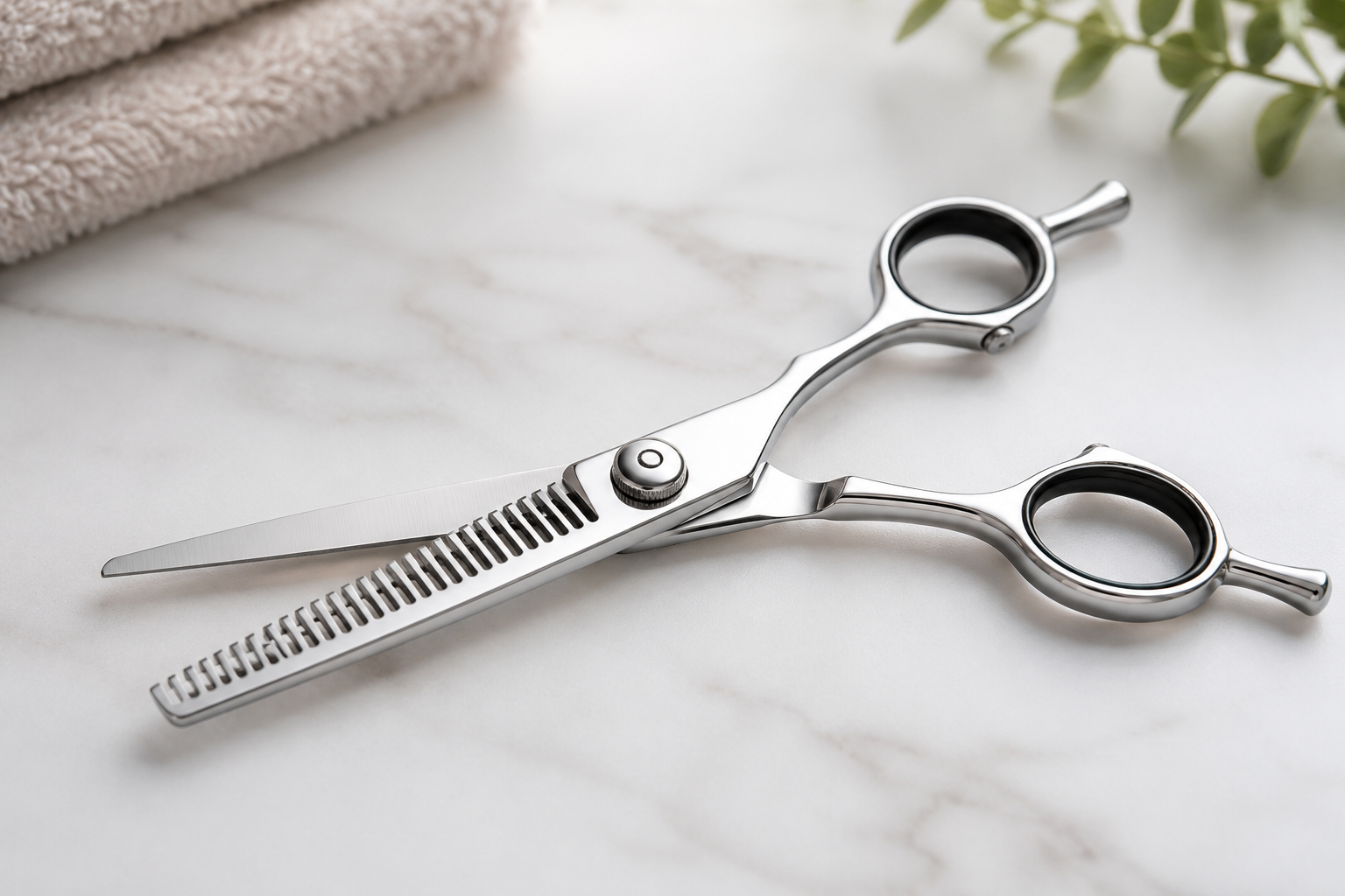 Professional dog thinning shears set with towel background