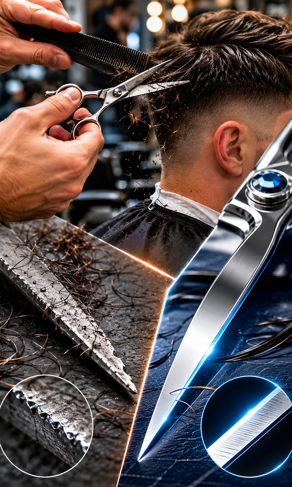Macro view of MATSUOPRO Japanese Convex Edge (hamaguri-ba) barber shears