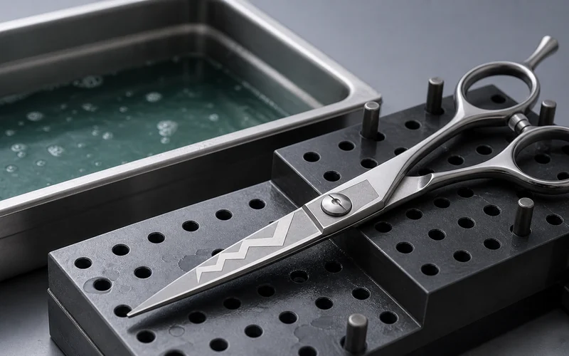 Deep acid etch marking process for professional hair scissors