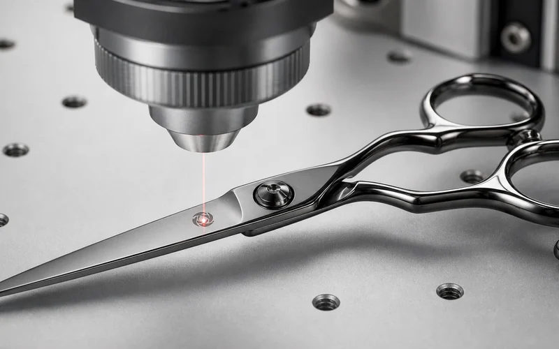 Fiber laser engraving a custom mark on professional salon shears