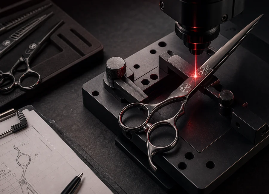 In-stock professional shears prepared for custom laser engraving