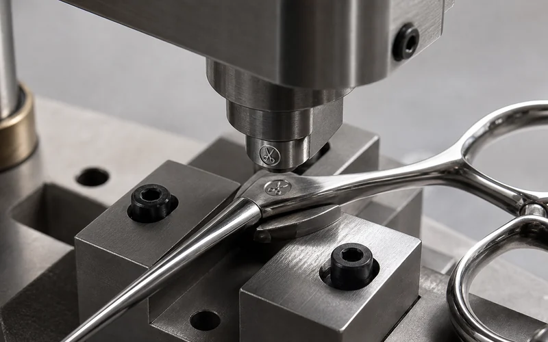 Mechanical stamp applying a maker mark to salon shears