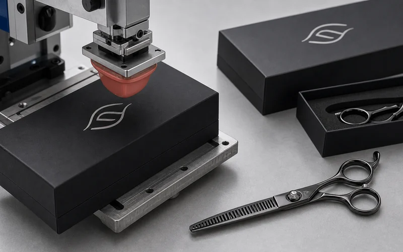 Pad printing a custom brand mark on premium hair scissors packaging