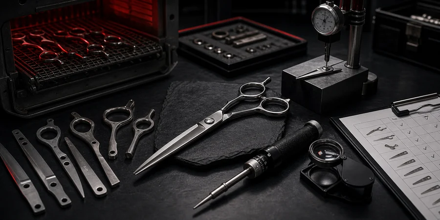 Technical procurement view of salon shears production and final inspection