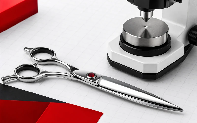 Professional hair scissors beside Rockwell hardness tester for HRC edge retention guide