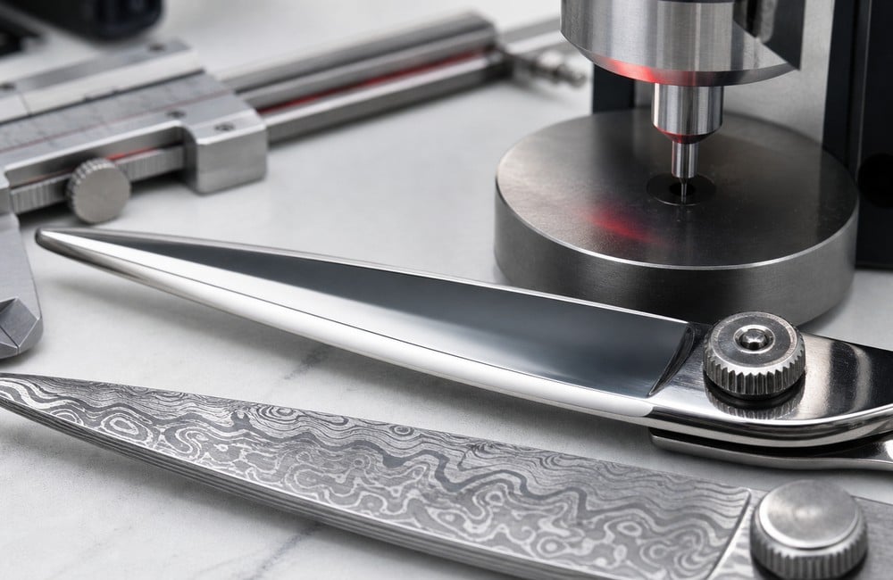 Close-up barber shear blades and hardness testing tools for steel grade comparison