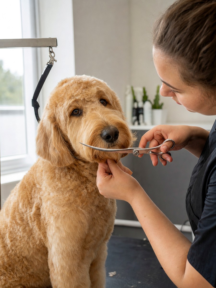 Professional groomer trimming a dog with curved stainless steel grooming shears