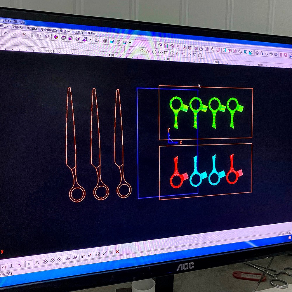 CAD geometry and laser alignment setup for MATSUOPRO pet grooming shears