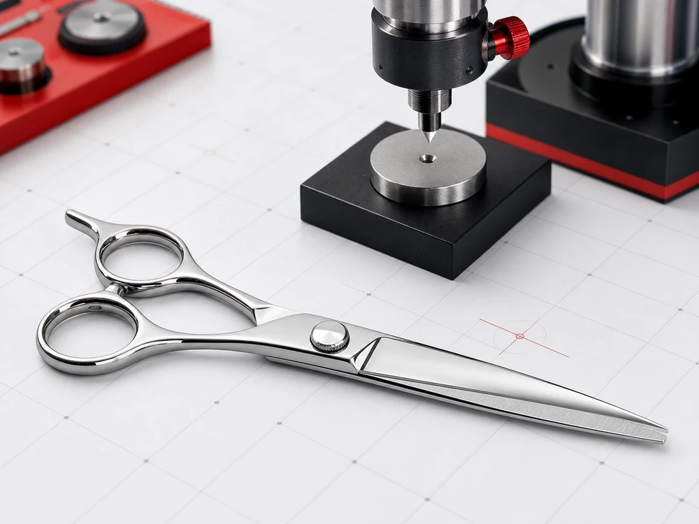 Precision 440C professional hair scissors with HRC indentation testing setup