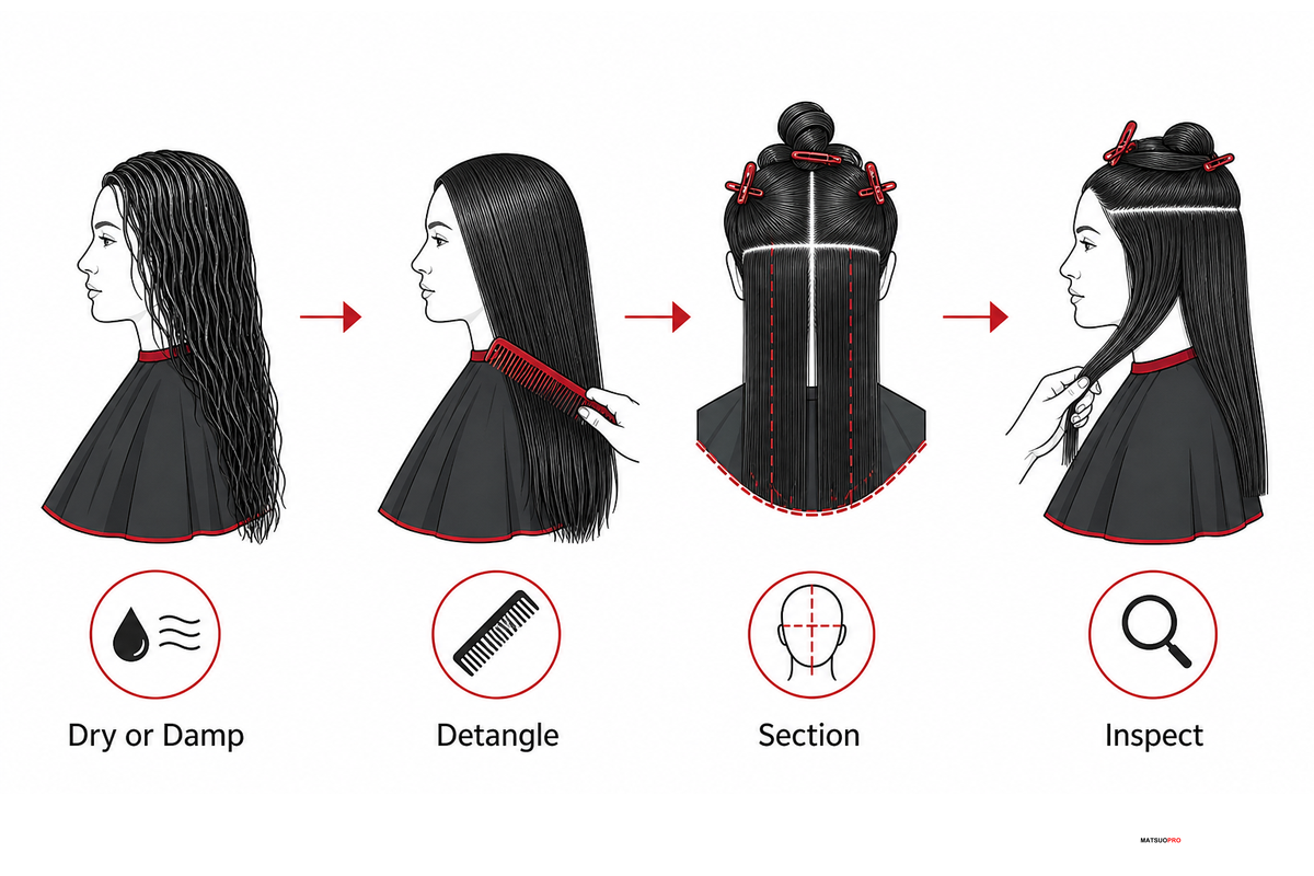 Prepare the Hair: Dry, Damp, Section, Inspect — MATSUOPRO