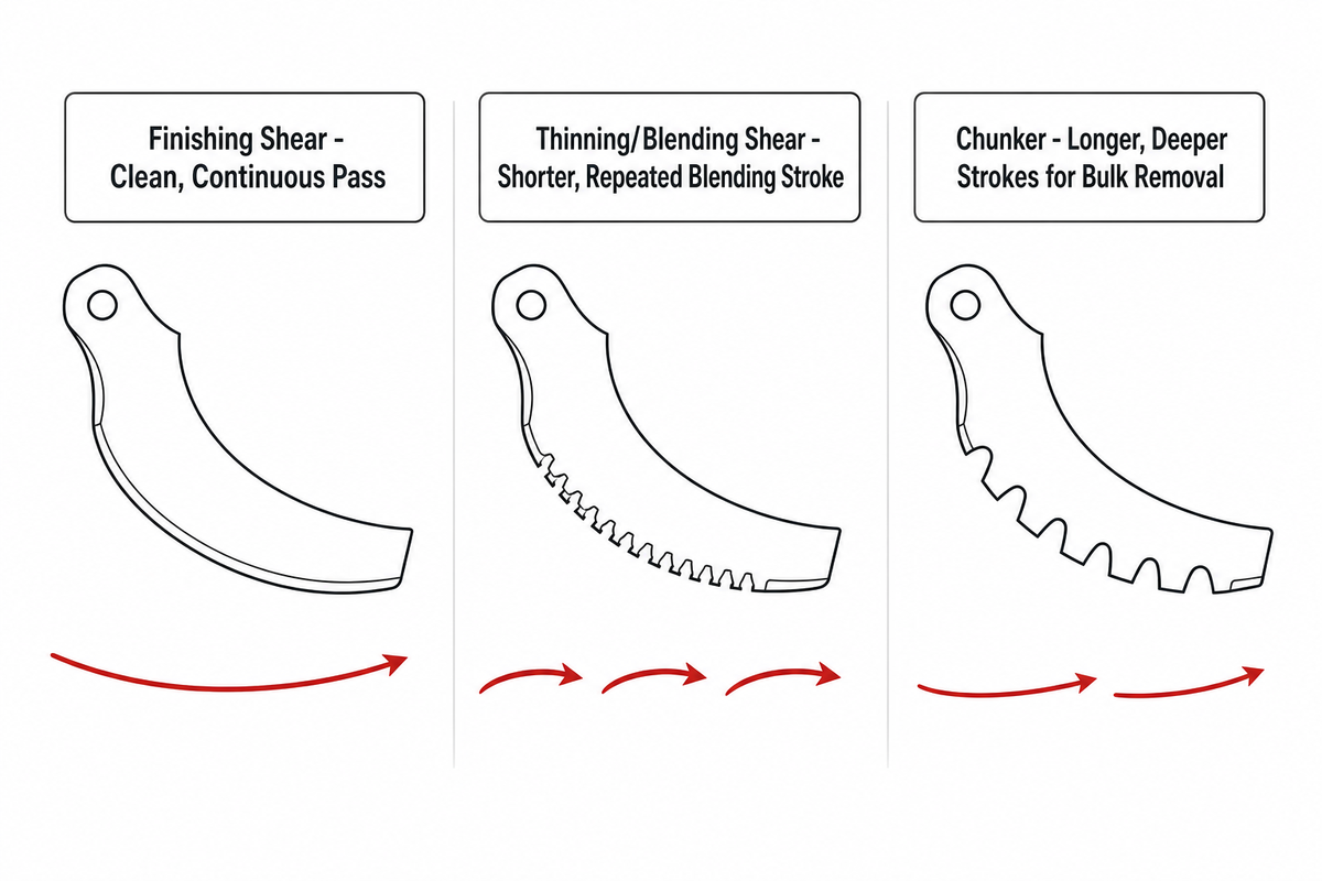Finishing vs. Thinning vs. Chunking: How the Motion Changes by Curved-Shear Type — Mackay Hair Scissors