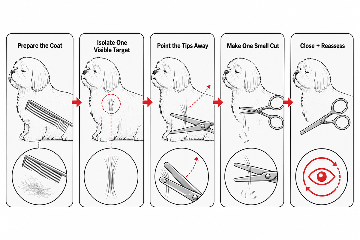 Safe micro-trim sequence with rounded-tip grooming shears