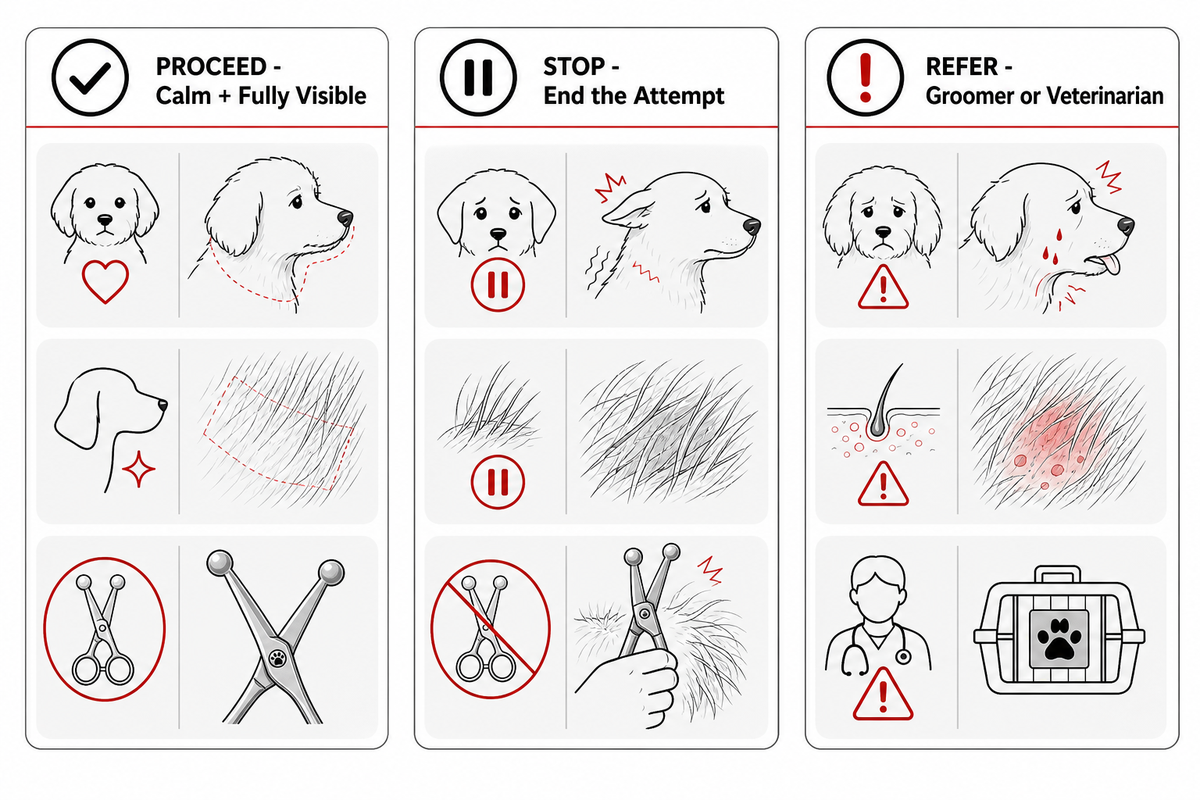 Stop, proceed, or refer decision matrix for puppy and kitten grooming