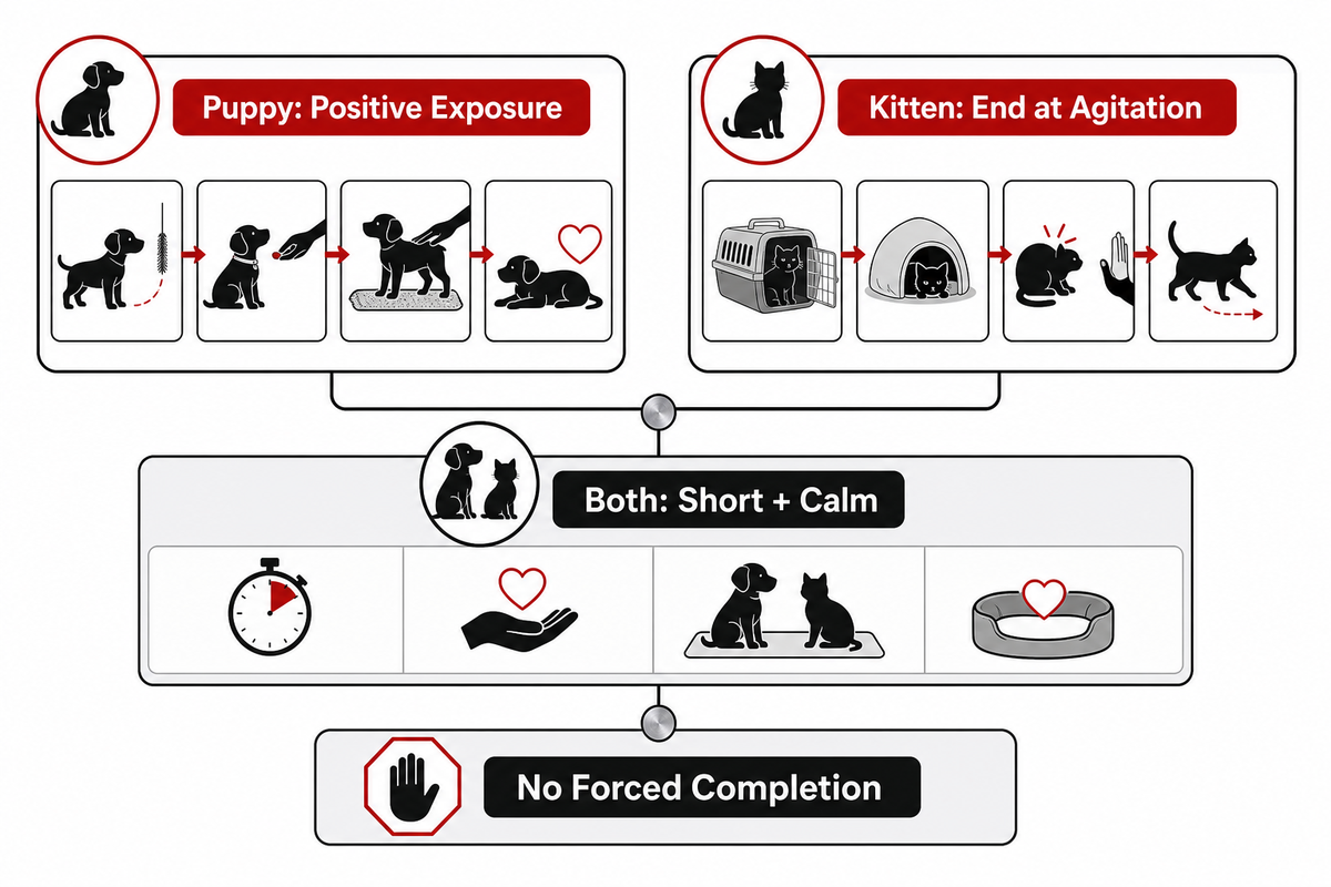 Puppy and kitten grooming differences for calm short sessions