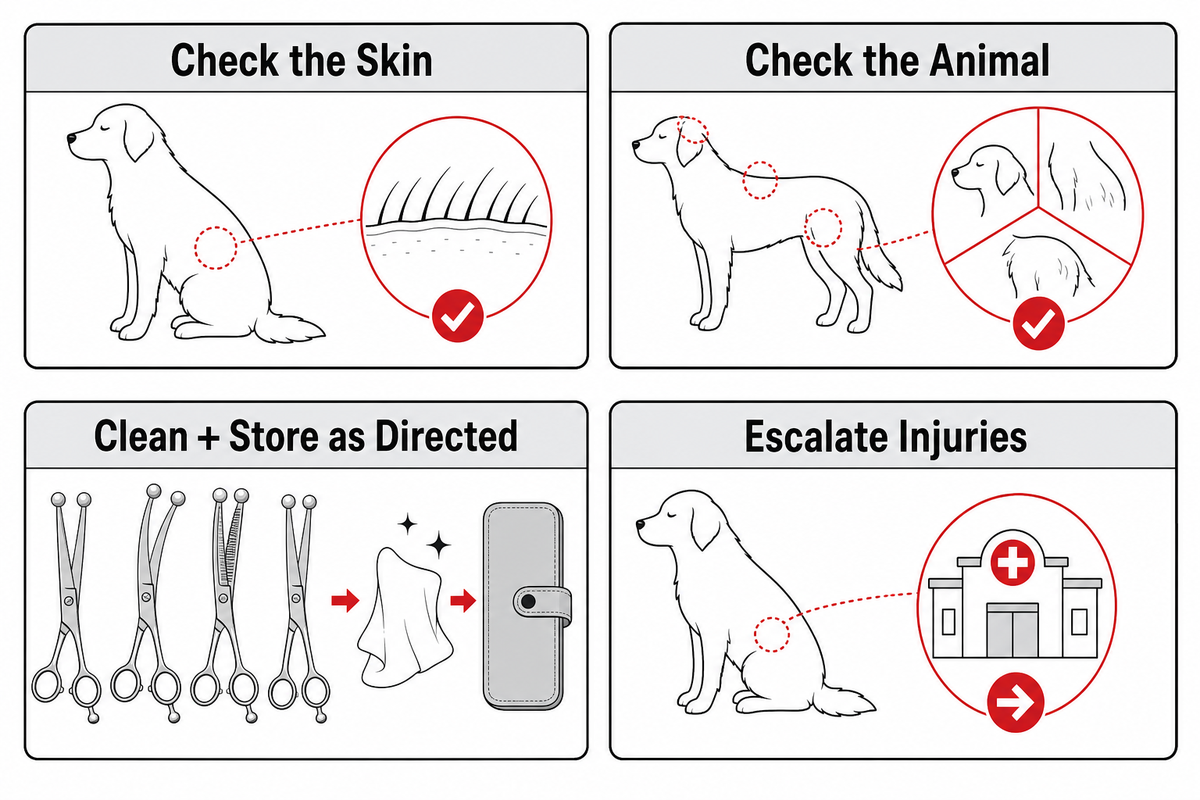 Rounded-tip grooming shears cleaning and storage checklist