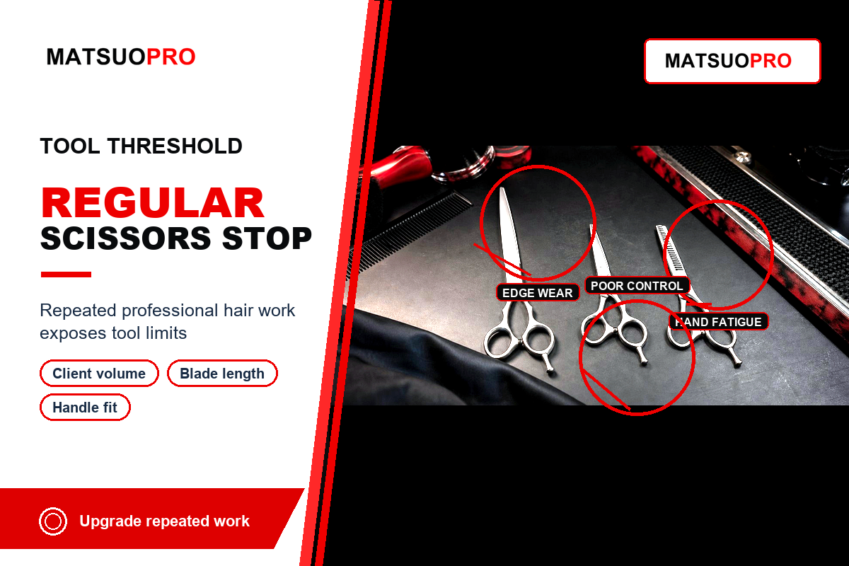 Professional hair shear contrasted with regular scissors for repeated client hair-cutting work