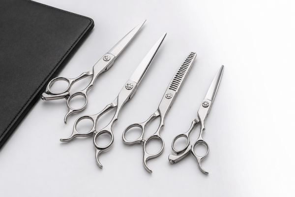 Lineup of MATSUOPRO cutting and thinning shears showing the offset finger-rest handle design