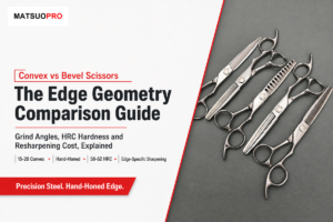 Convex vs bevel scissors: 15-20 degree hand-honed convex angle, 58-62 HRC hardness (Mackay Hair Scissors)