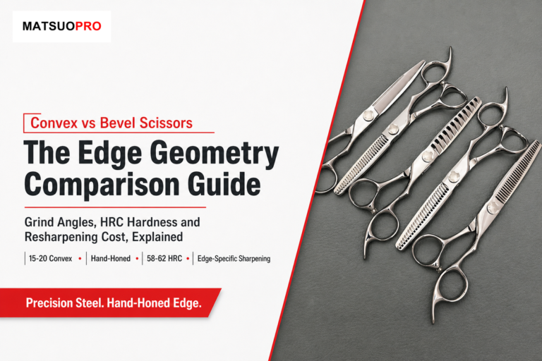 Convex vs bevel scissors: 15-20 degree hand-honed convex angle, 58-62 HRC hardness (Mackay Hair Scissors)