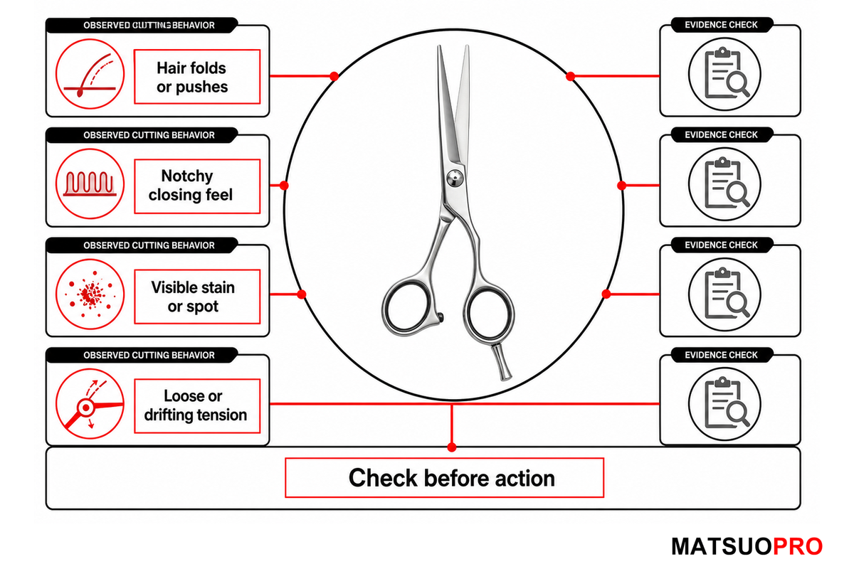 Four cutting-behavior checks before sharpening or adjusting professional shears