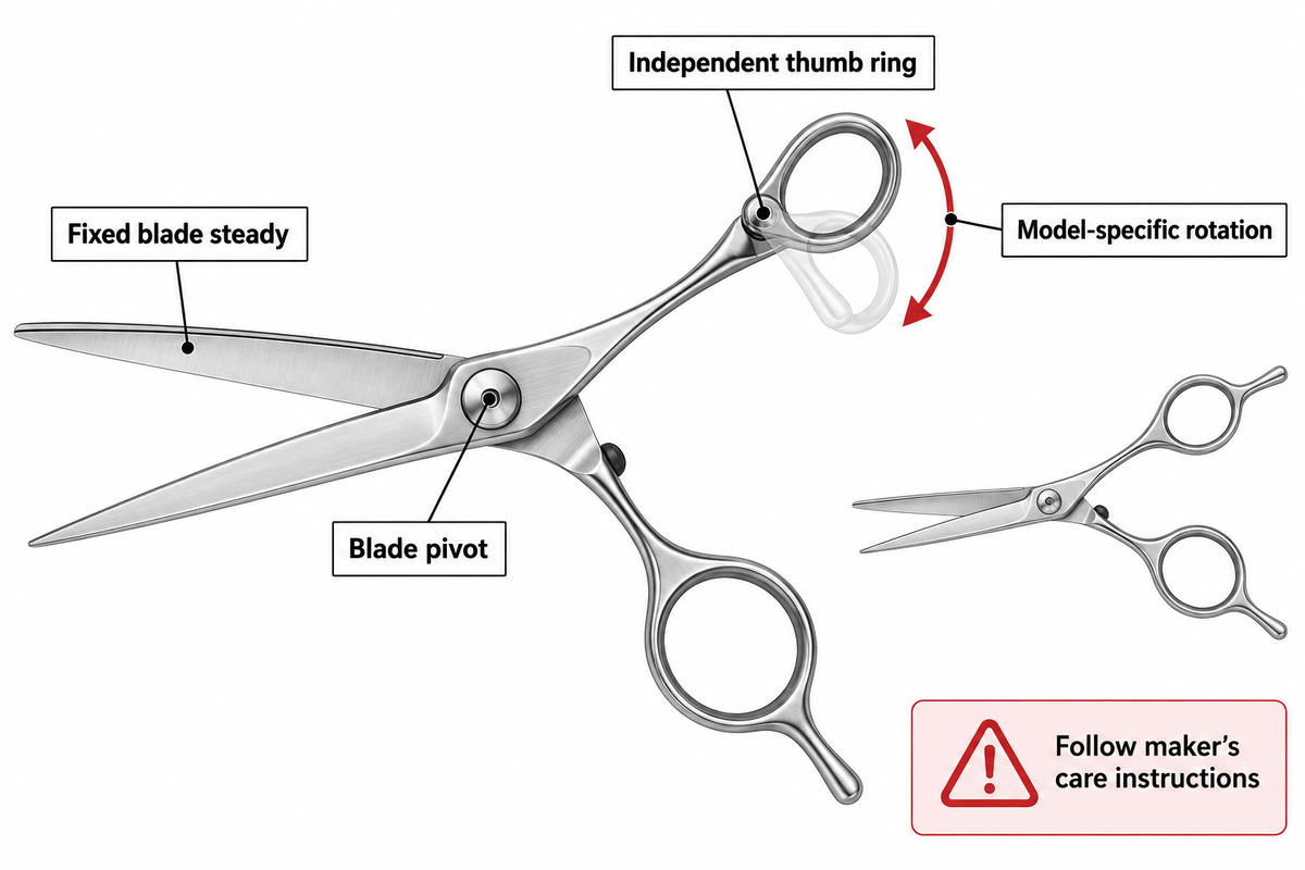 Swivel moves the thumb ring independently; keep blade control and follow model-specific care (Sam Villa).