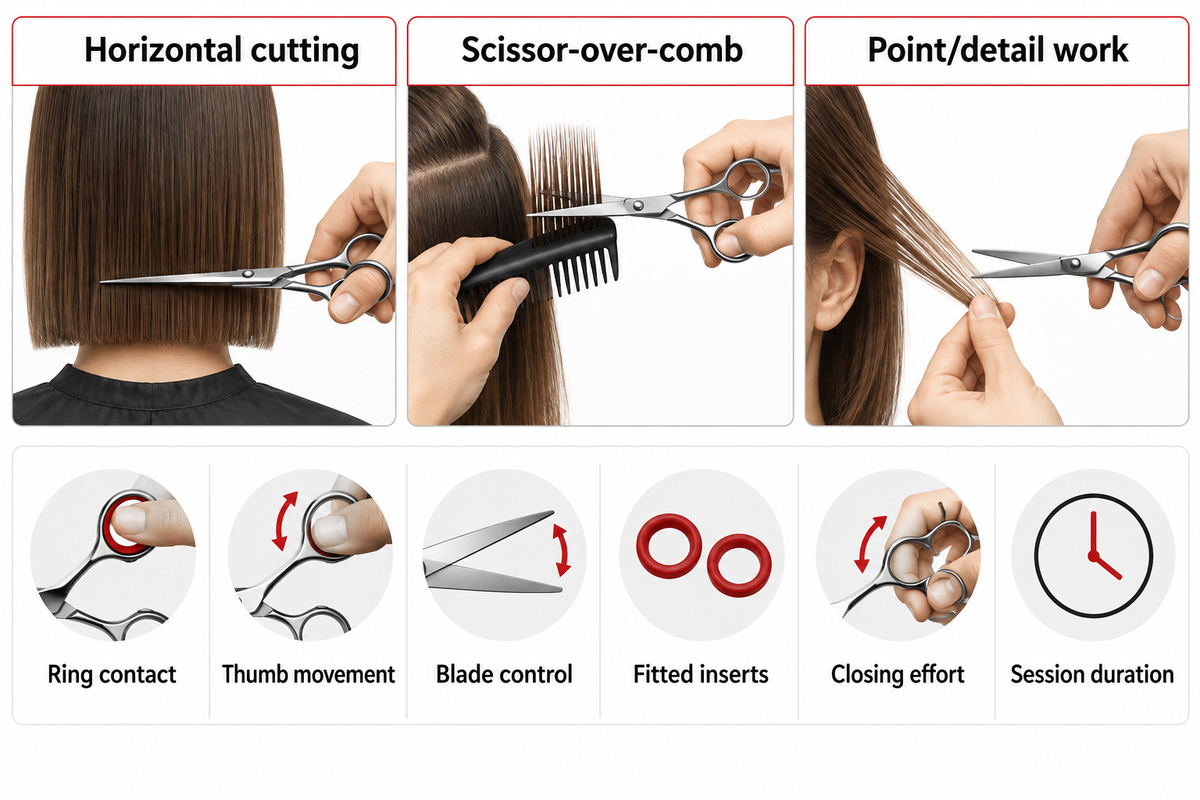 Compare three working positions using ring contact, thumb movement and blade control; editorial trial based on NIOSH guidance