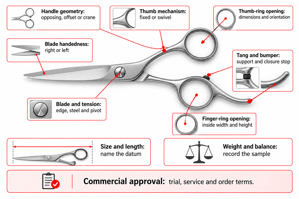 Specify ten sample fields, from handle geometry and ring dimensions to blade configuration and commercial approval.