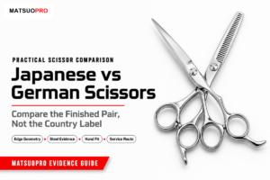 Japanese vs German scissors guide comparing edge geometry, evidence, fit and service