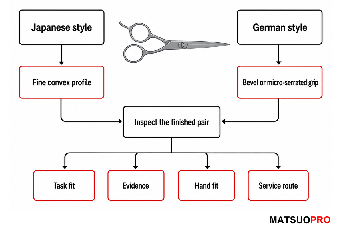 Japanese and German scissor style patterns converging on finished-pair inspection