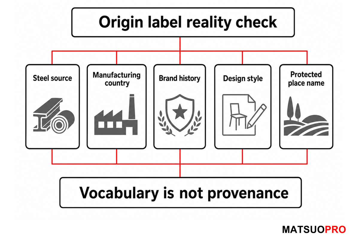 Origin-label reality check separating steel source, manufacturing country, brand history and style
