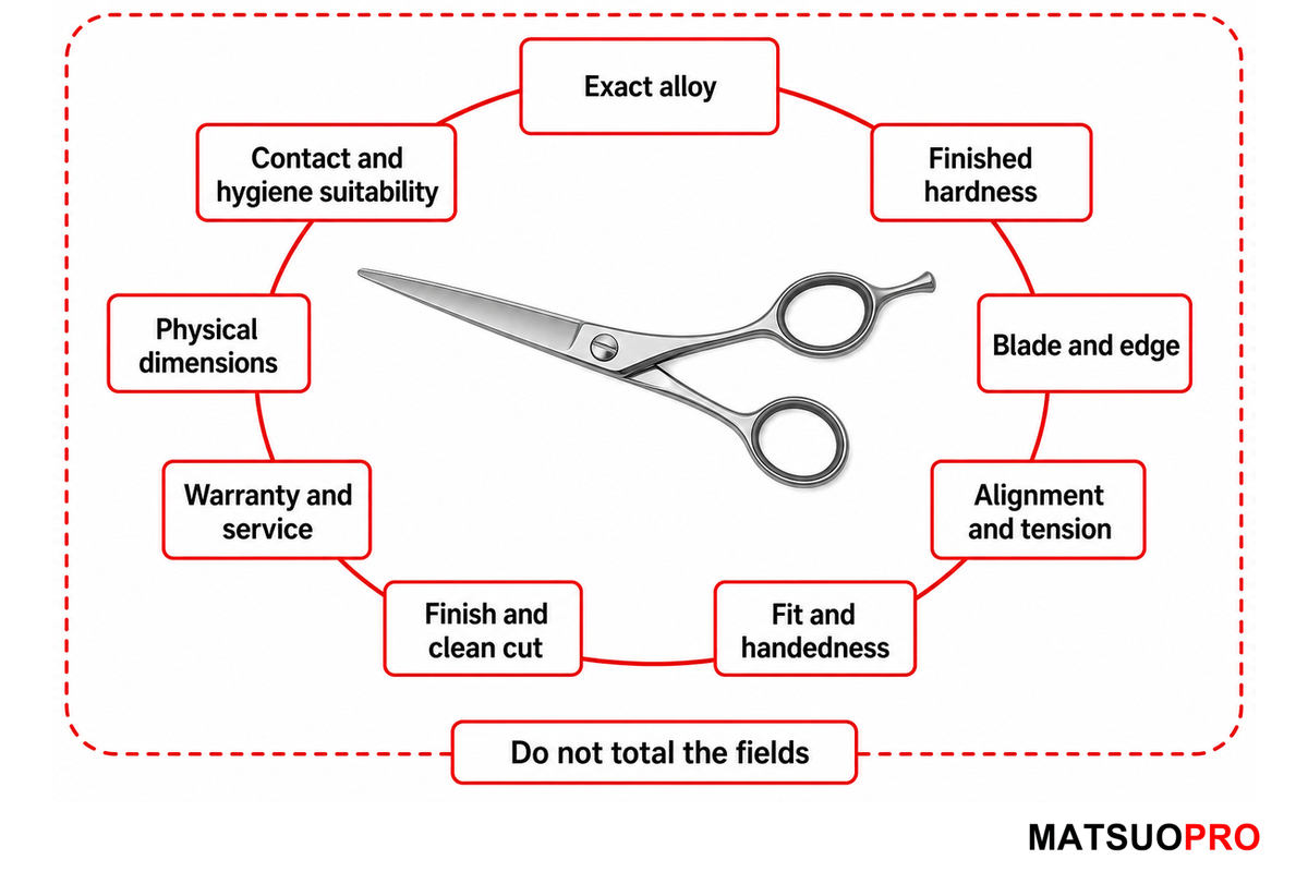Nine-field evidence matrix for comparing finished Japanese and German scissors
