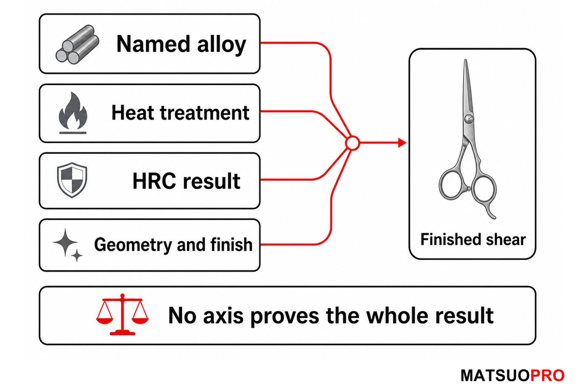 Separate alloy, heat treatment, HRC and geometry axes converging on a finished shear