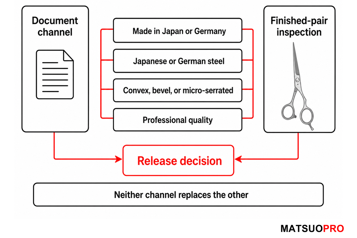 Country-claim evidence card with document and finished-pair inspection channels