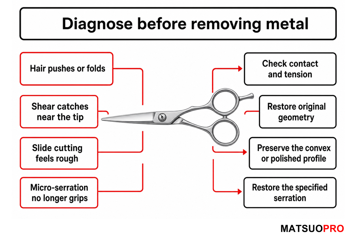 Geometry-first service triage for common professional shear symptoms