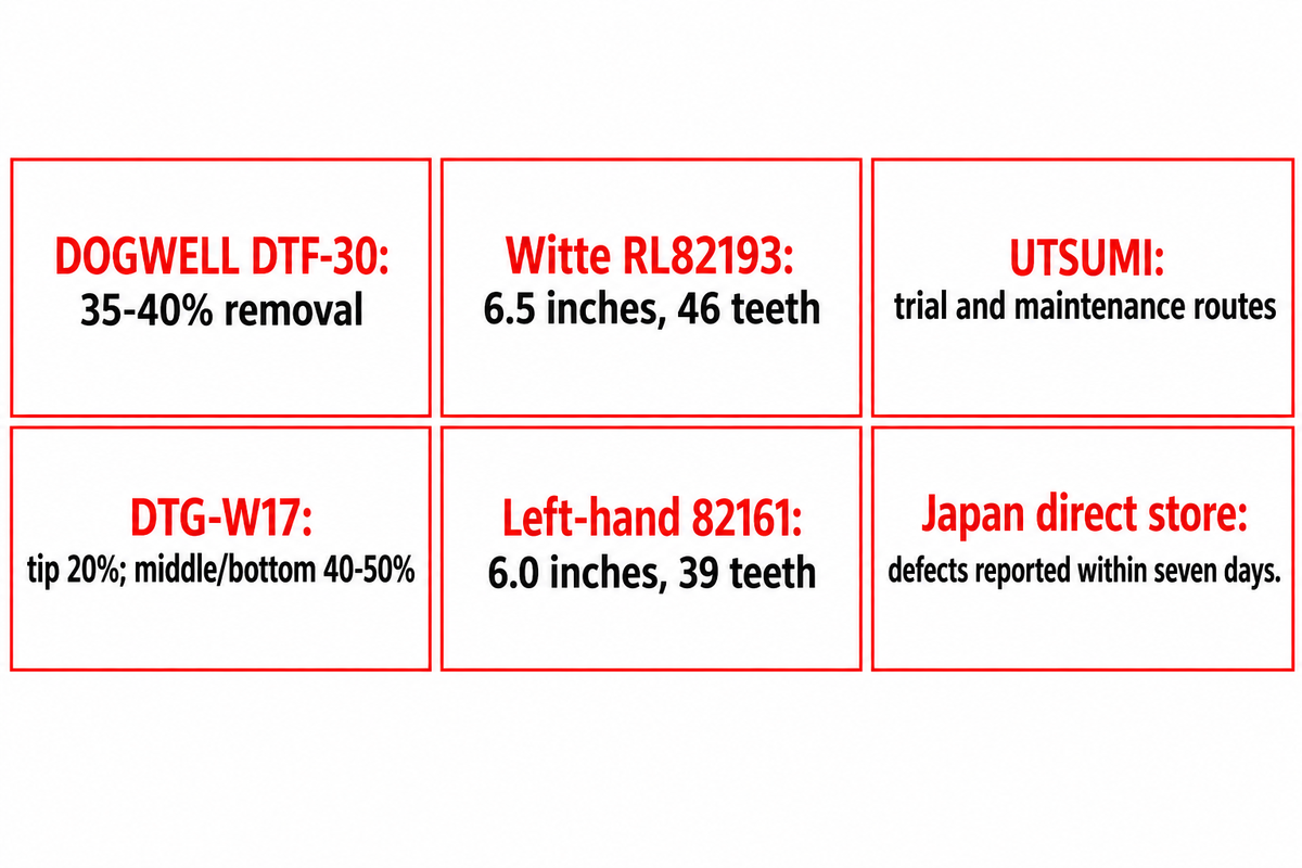 DOGWELL ratios depend on model and blade position; Witte left/right specs differ; UTSUMI has Japan-store return limits.