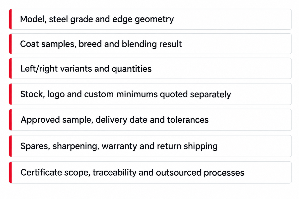 A pet-shear quote needs model specs, coat task, quantities, separate minimums, sample approval, service and traceability.