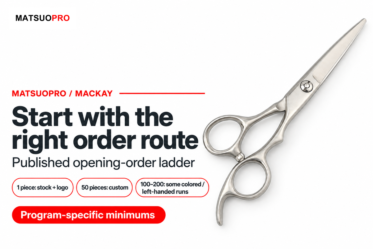 Mackay lists 1-piece stock logo, 50-piece custom and 100–200-piece special runs on its official program page.