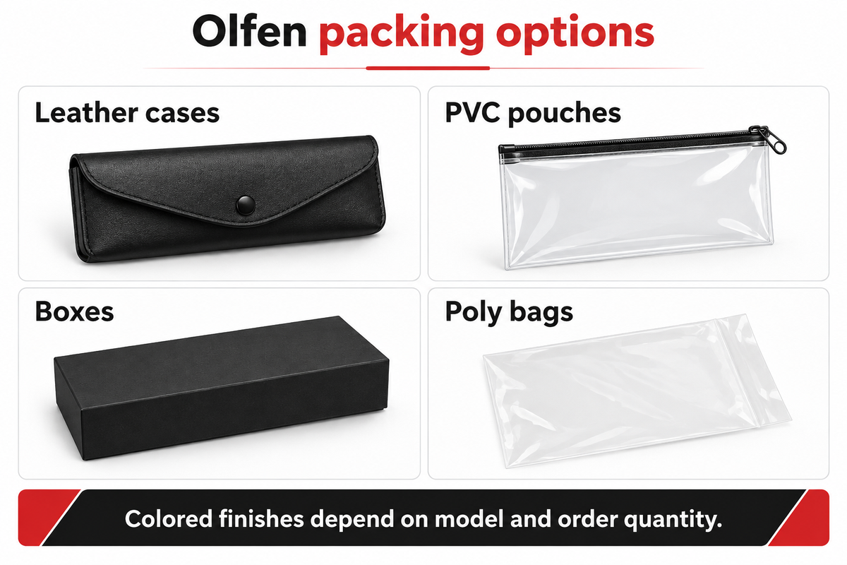 Olfen names four packaging formats; colored finishes depend on the model and order quantity, per its website.