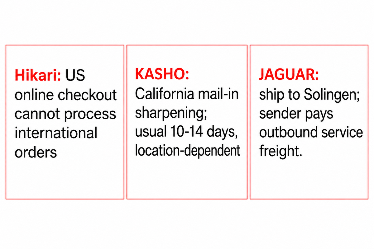 Hikari US checkout is domestic; KASHO US service usually 10–14 days by location; JAGUAR sender pays outbound freight.
