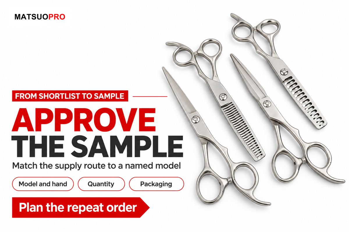Model, handedness, quantity and packaging define an enquiry for an approved sample and a repeat order.